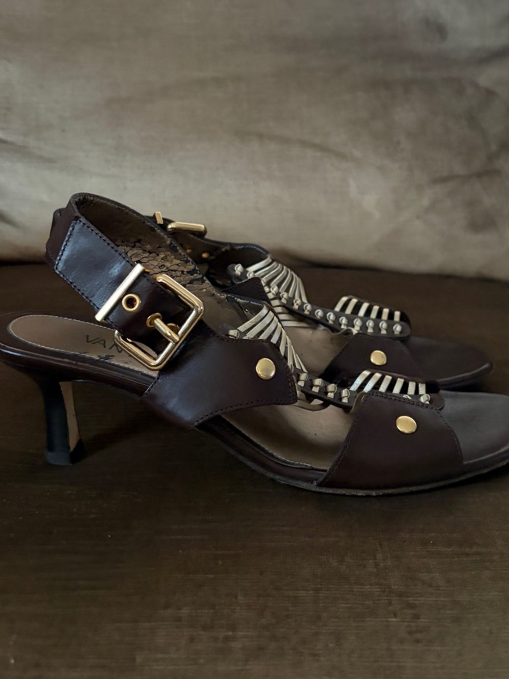 Vaneli Dark Brown Leather Strappy Heels with Gold Hardware